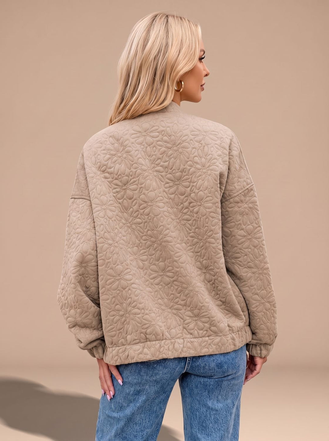 Women's Beige Quilted Zip-Up Bomber Jacket Front Pockets
