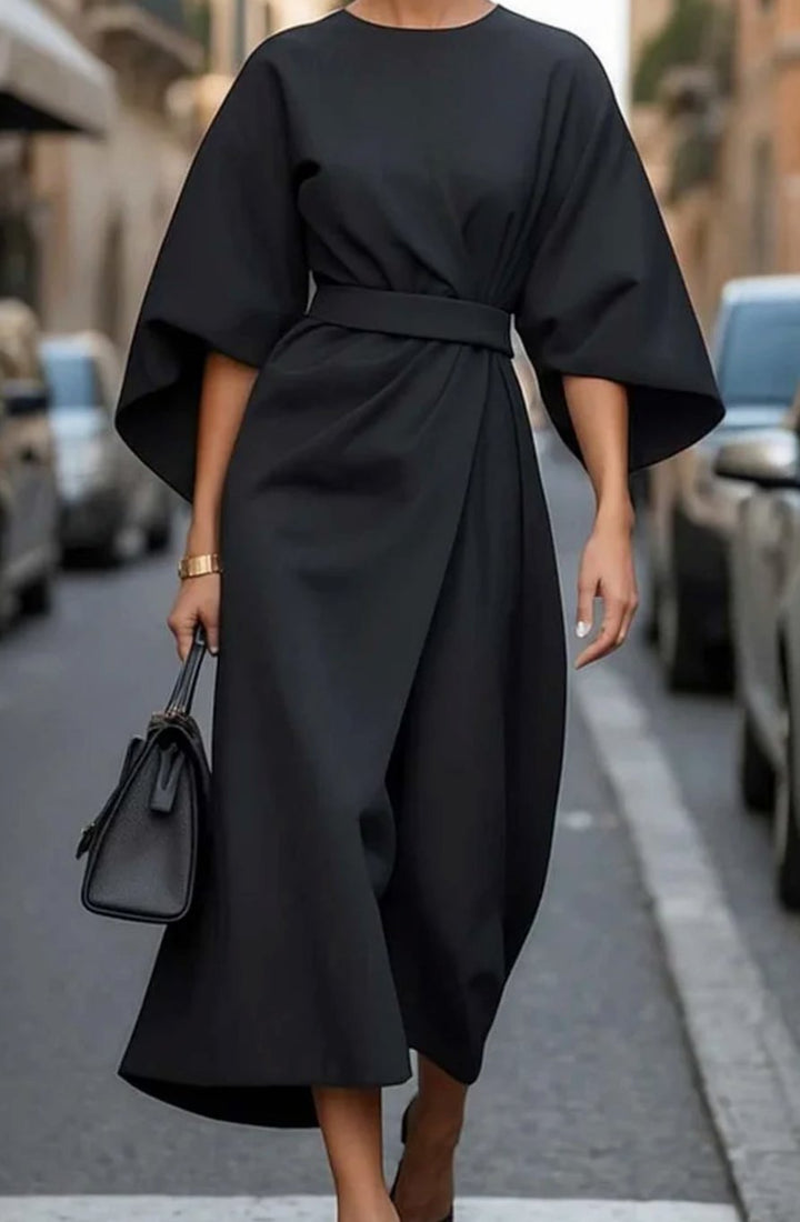 Women's Belted Batwing-Sleeve Midi Elegant Dress