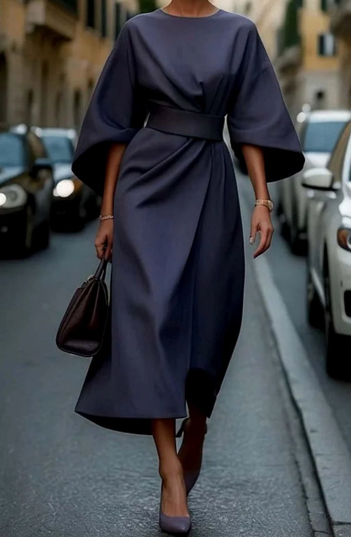 Women's Belted Batwing-Sleeve Midi Elegant Dress - Navy Blue