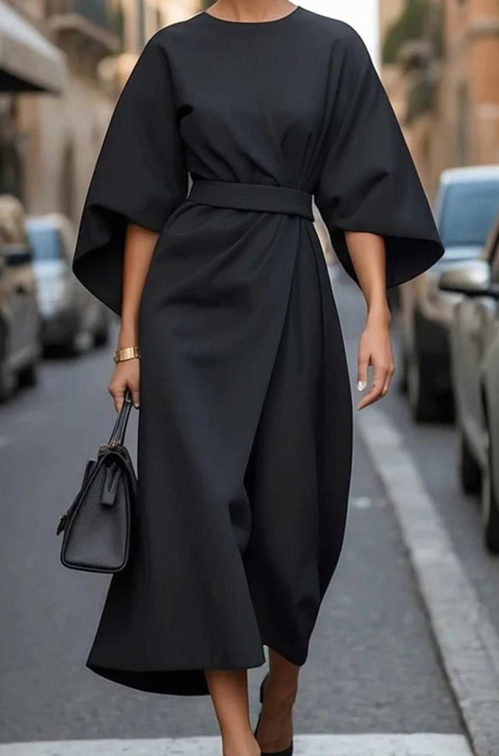 Women's Belted Batwing-Sleeve Midi Elegant Dress - Black