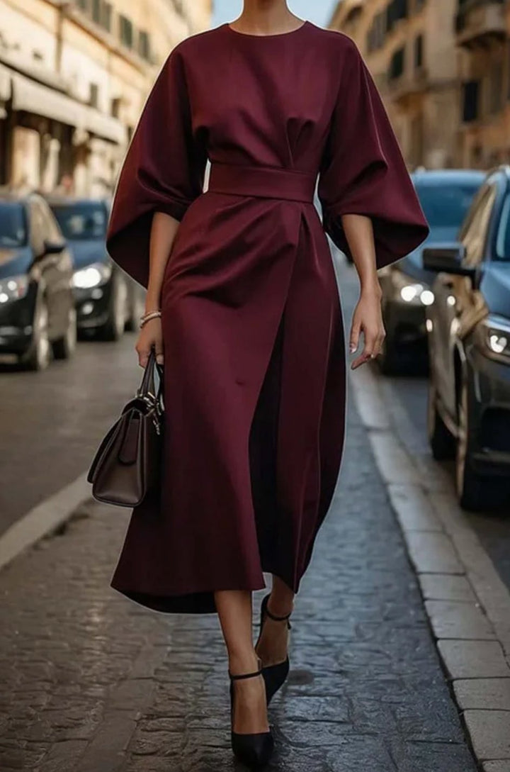 Women's Belted Batwing-Sleeve Midi Elegant Dress - Bordeaux