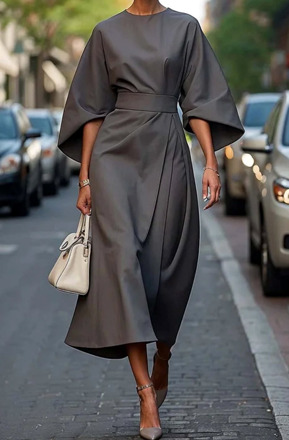 Women's Belted Batwing-Sleeve Midi Elegant Dress - Gray