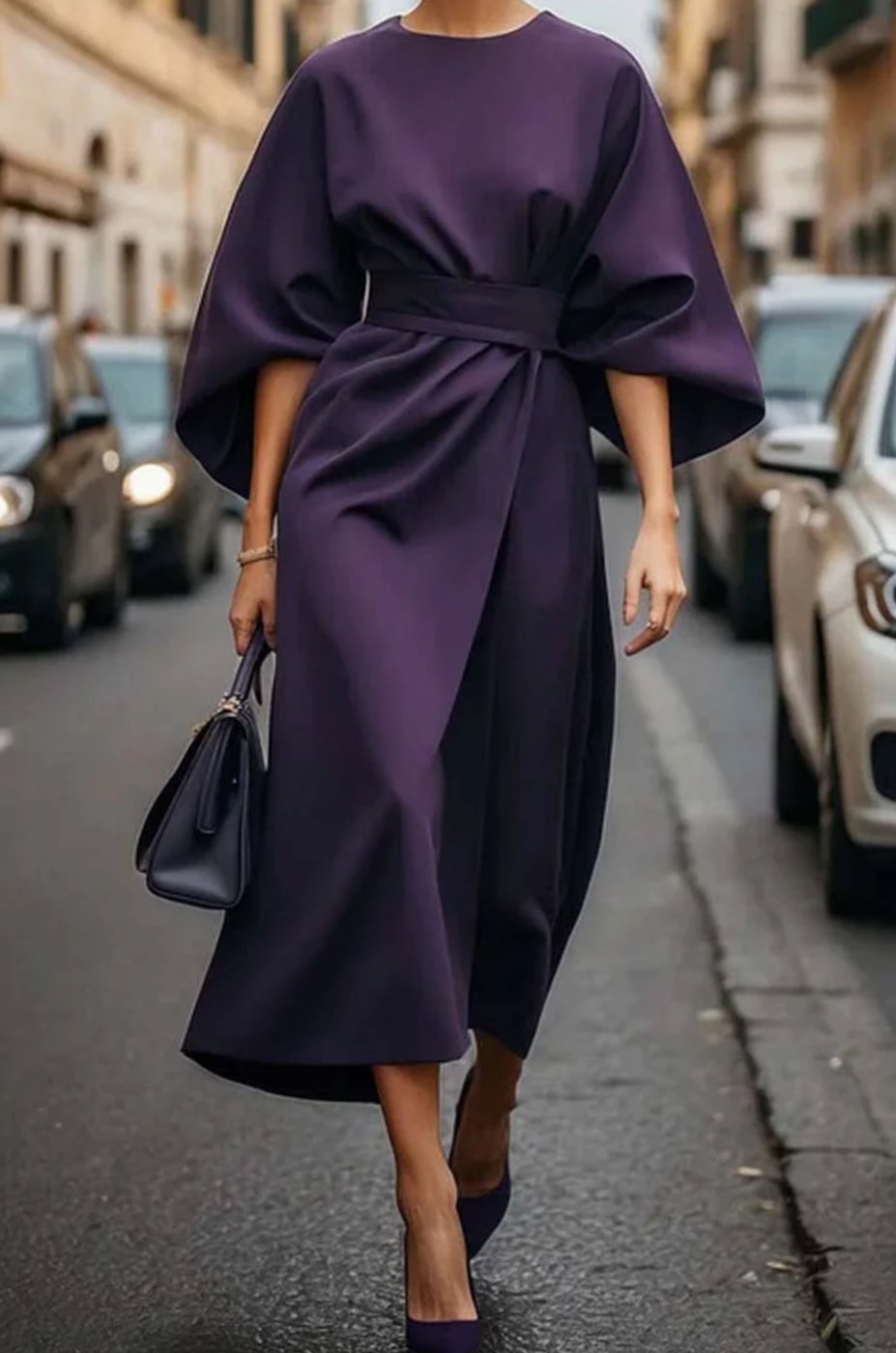 Women's Belted Batwing-Sleeve Midi Elegant Dress - Violet