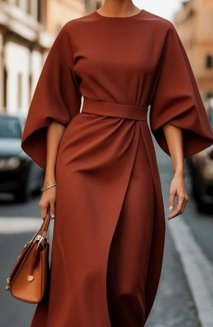Women's Belted Batwing-Sleeve Midi Elegant Dress - Rust Brown