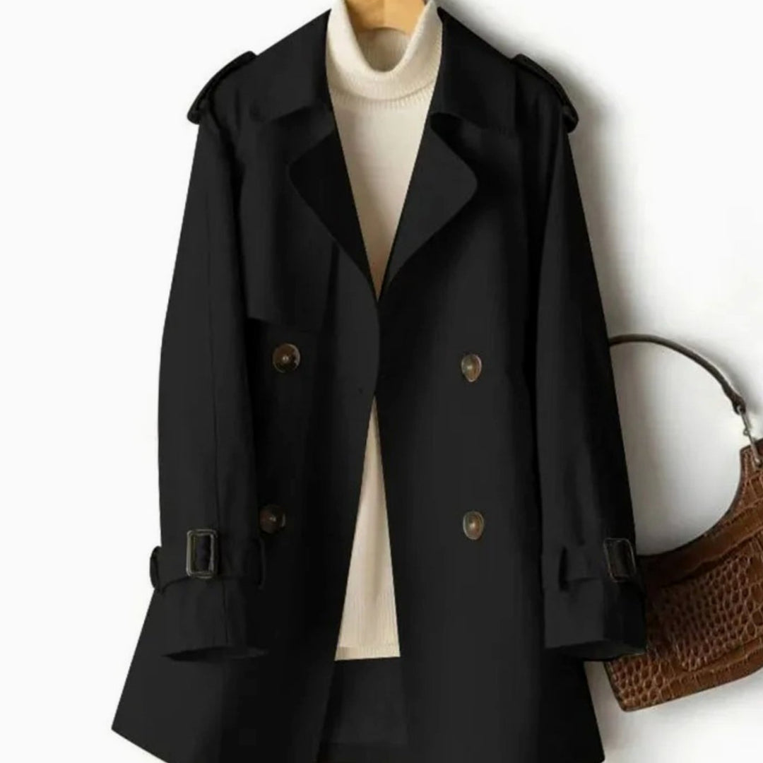Women's Belted Double-Breasted Coat Notch-Lapel Long Trench - Black