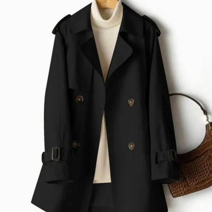 Women's Belted Double-Breasted Coat Notch-Lapel Long Trench - Black