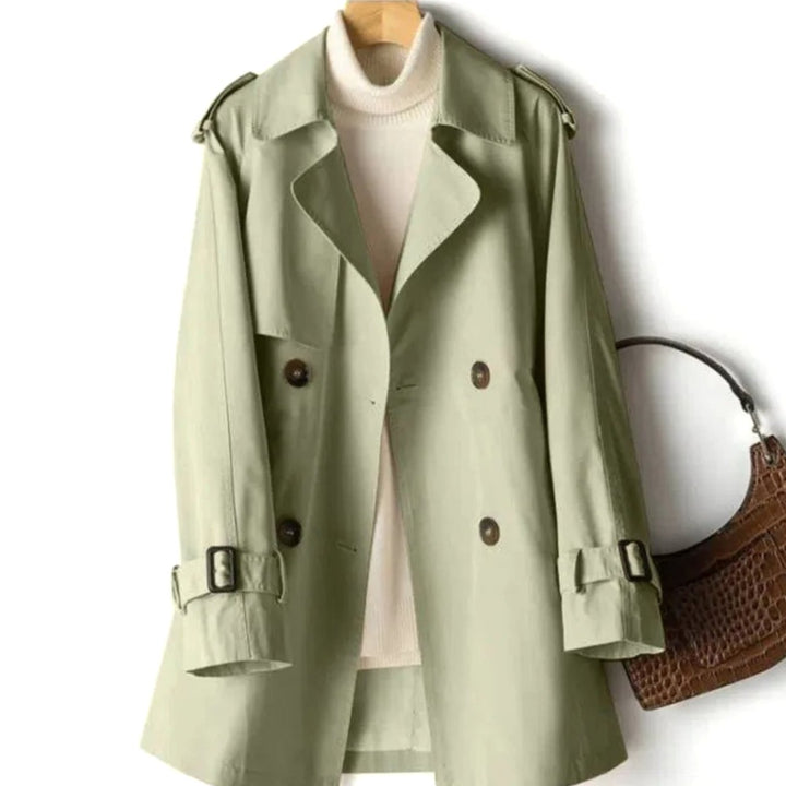 Women's Belted Double-Breasted Coat Notch-Lapel Long Trench - Green