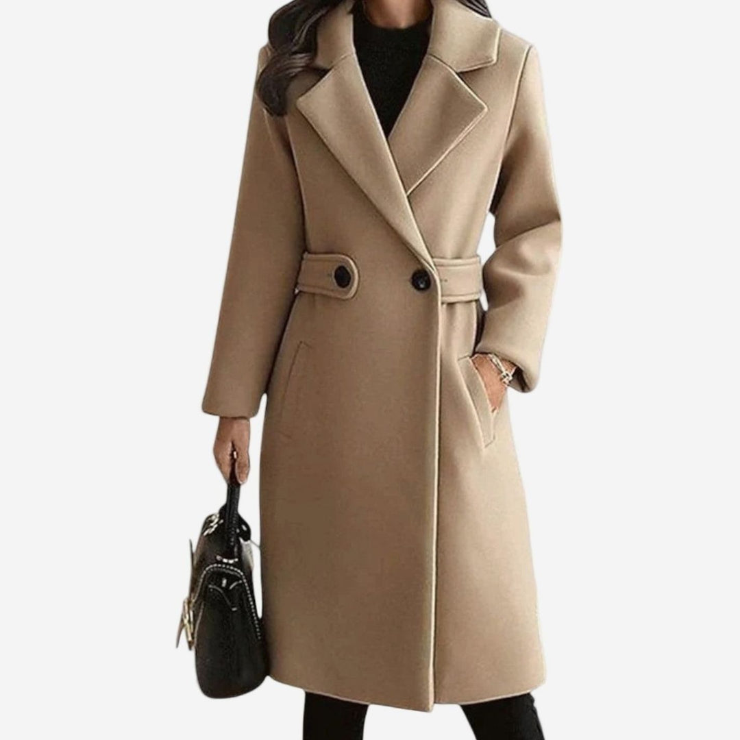 Women's Belted Double-Breasted Tailored Long Coat - Camel