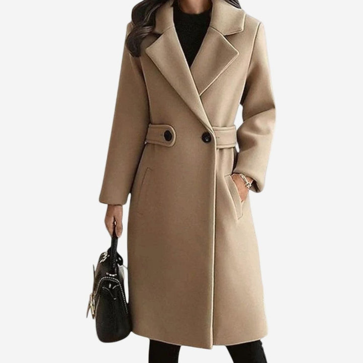 Women's Belted Double-Breasted Tailored Long Coat - Camel