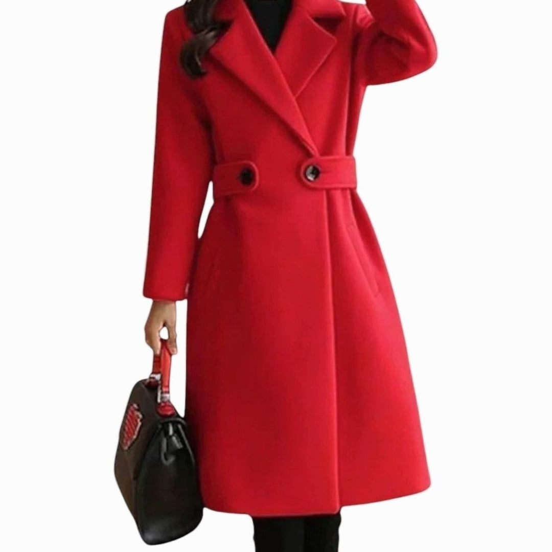 Women's Belted Double-Breasted Tailored Long Coat - Red