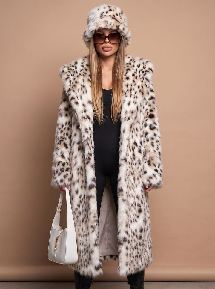 Women's Belted Maxi Faux Fur Leopard Print Overcoat