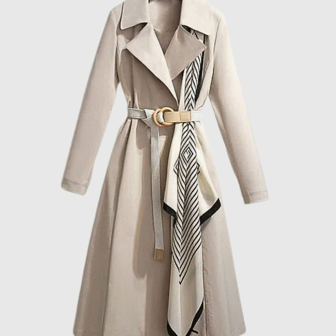 Women's Belted Midi Trench Coat Notch Collar Long Sleeve - Beige