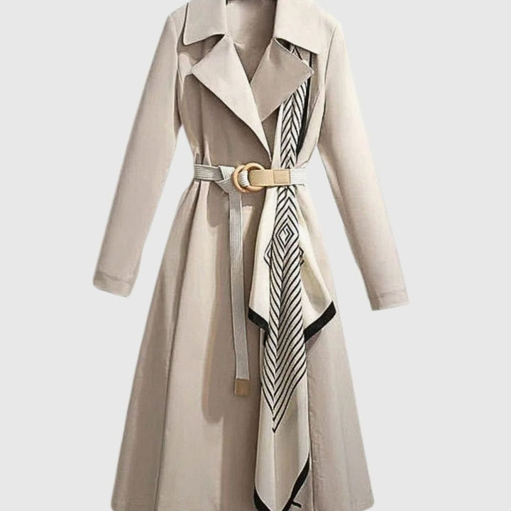 Women's Belted Midi Trench Coat Notch Collar Long Sleeve - Beige