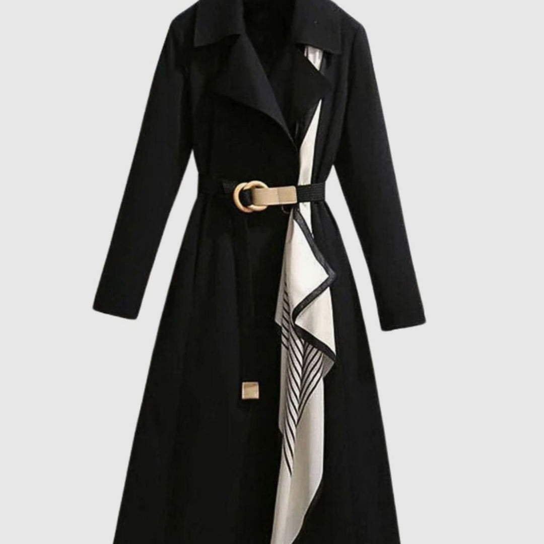 Women's Belted Midi Trench Coat Notch Collar Long Sleeve - Black