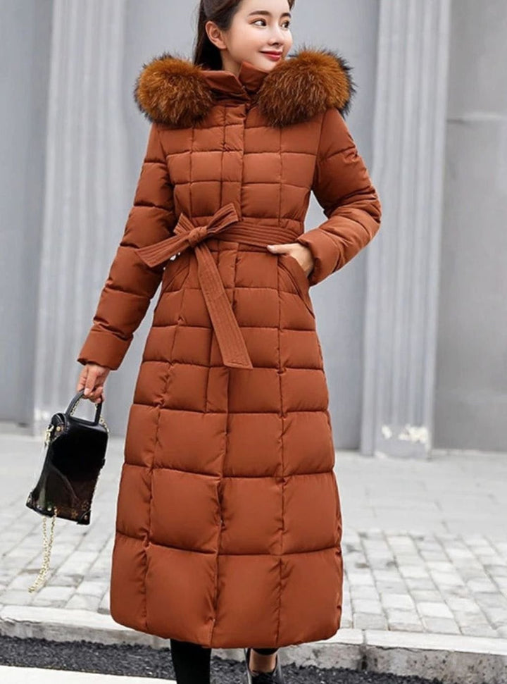 Women's Belted Quilted Long Hooded Puffer Coat Fur Trim - Caramel