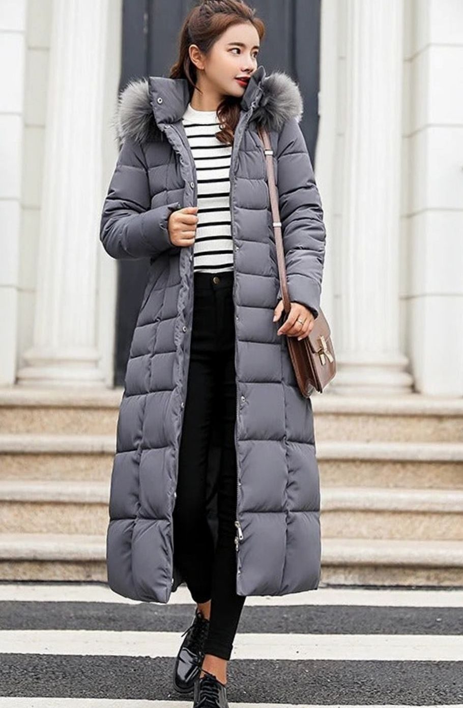 Women's Belted Quilted Long Hooded Puffer Coat Fur Trim - Dark Grey
