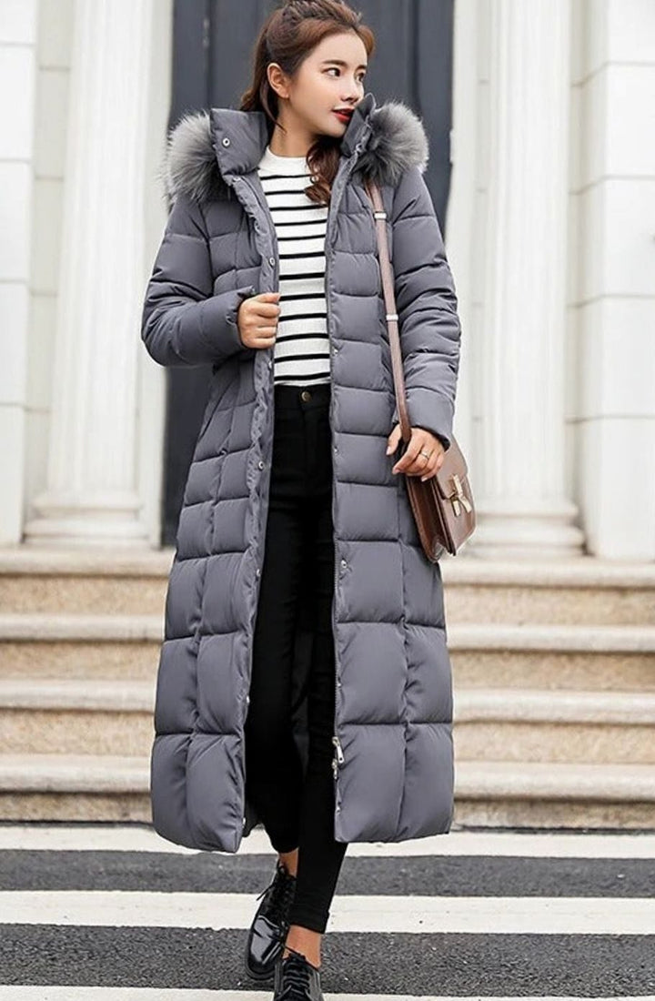 Women's Belted Quilted Long Hooded Puffer Coat Fur Trim - Dark Grey