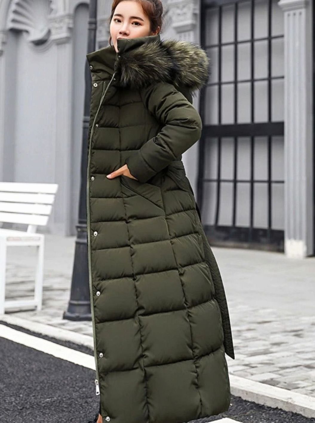 Women's Belted Quilted Long Hooded Puffer Coat Fur Trim - Army Green