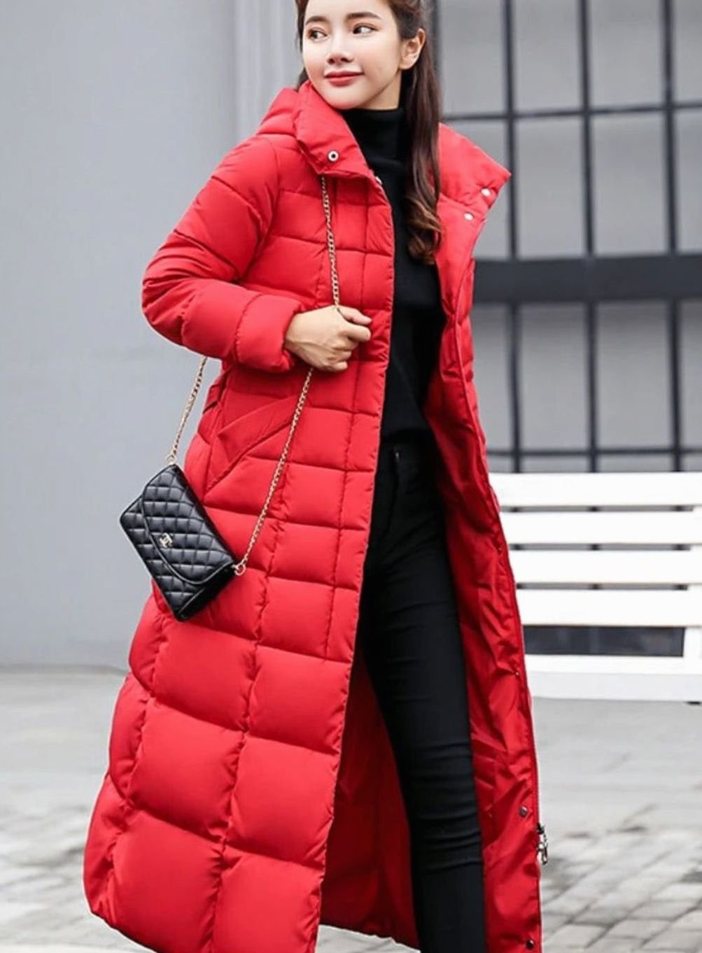 Women's Belted Quilted Long Hooded Puffer Coat Fur Trim - Red