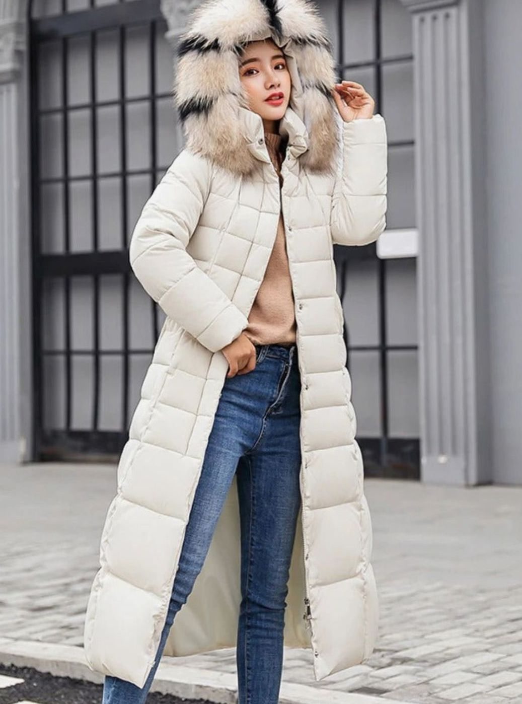 Women's Belted Quilted Long Hooded Puffer Coat Fur Trim - Off White