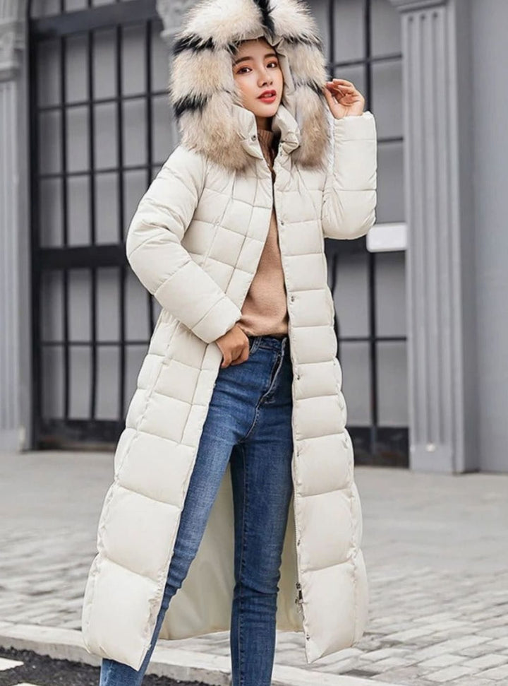 Women's Belted Quilted Long Hooded Puffer Coat Fur Trim - Off White