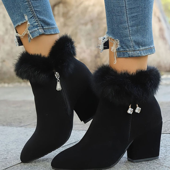 Women's Black Ankle Booties Block-Heel Faux-Fur Trim Side-Zip - Black