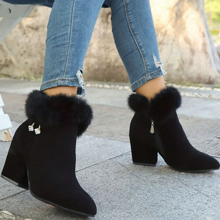 Women's Black Ankle Booties Block-Heel Faux-Fur Trim Side-Zip