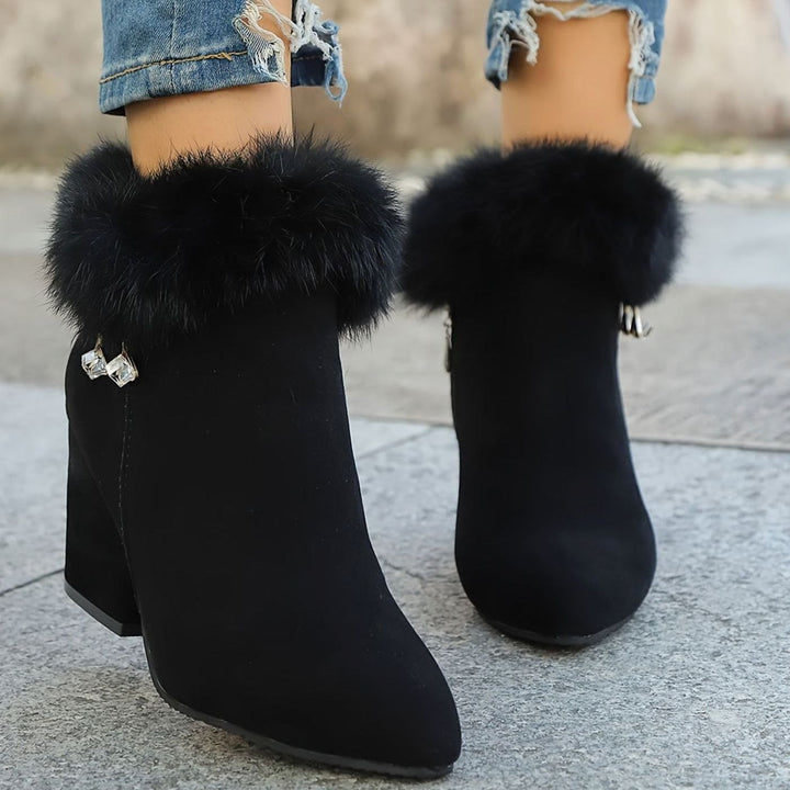 Women's Black Ankle Booties Block-Heel Faux-Fur Trim Side-Zip