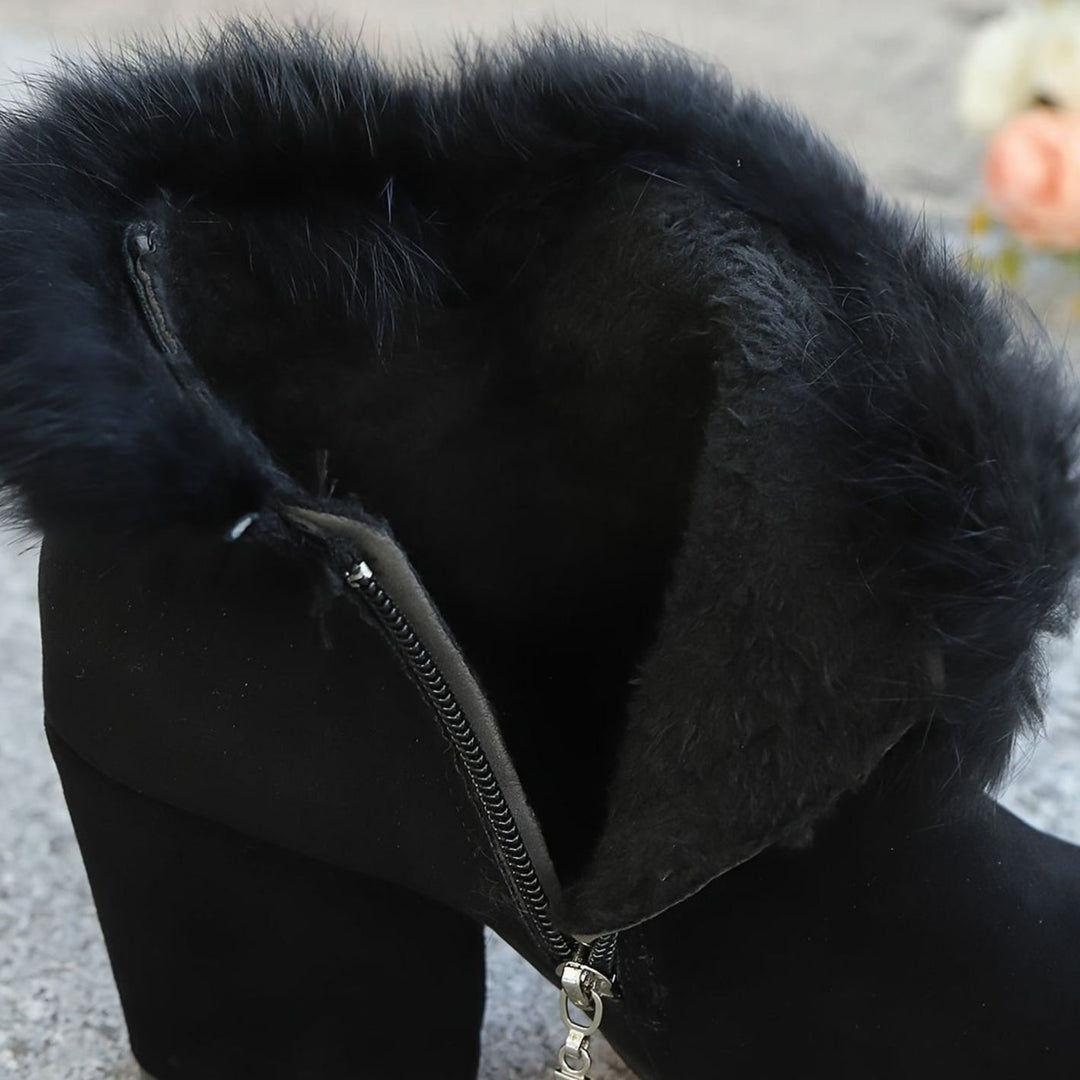 Women's Black Ankle Booties Block-Heel Faux-Fur Trim Side-Zip