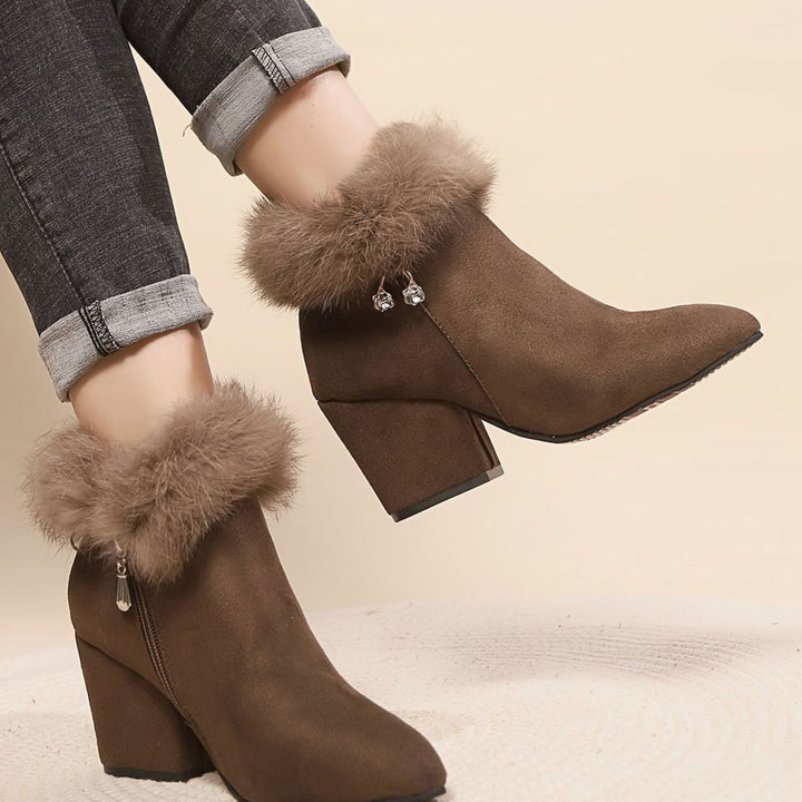 Women's Black Ankle Booties Block-Heel Faux-Fur Trim Side-Zip