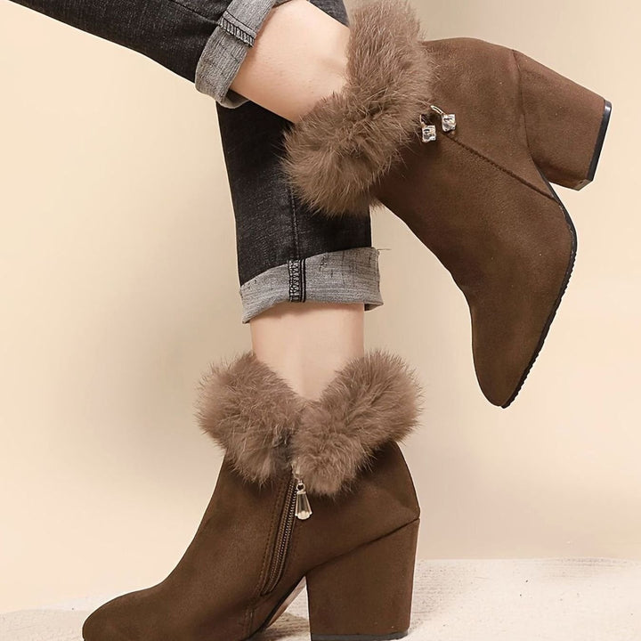 Women's Black Ankle Booties Block-Heel Faux-Fur Trim Side-Zip