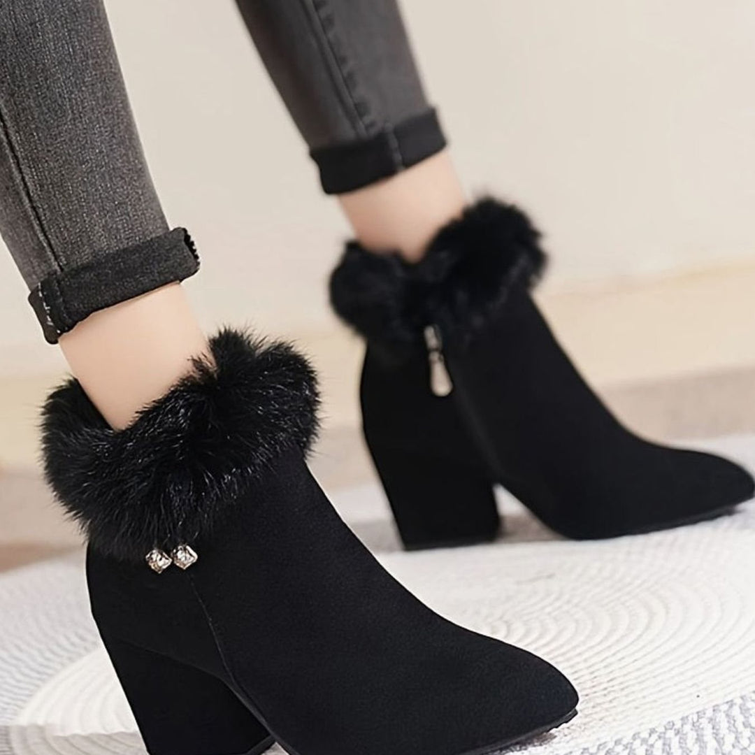 Women's Black Ankle Booties Block-Heel Faux-Fur Trim Side-Zip