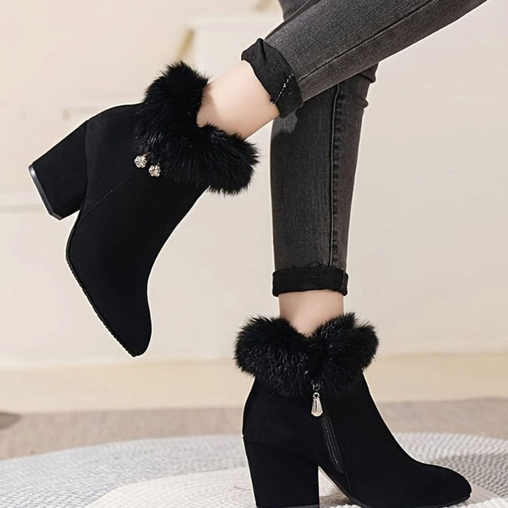 Women's Black Ankle Booties Block-Heel Faux-Fur Trim Side-Zip