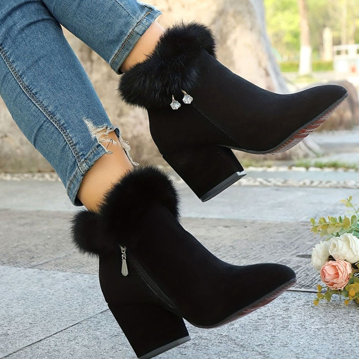 Women's Black Ankle Booties Block-Heel Faux-Fur Trim Side-Zip