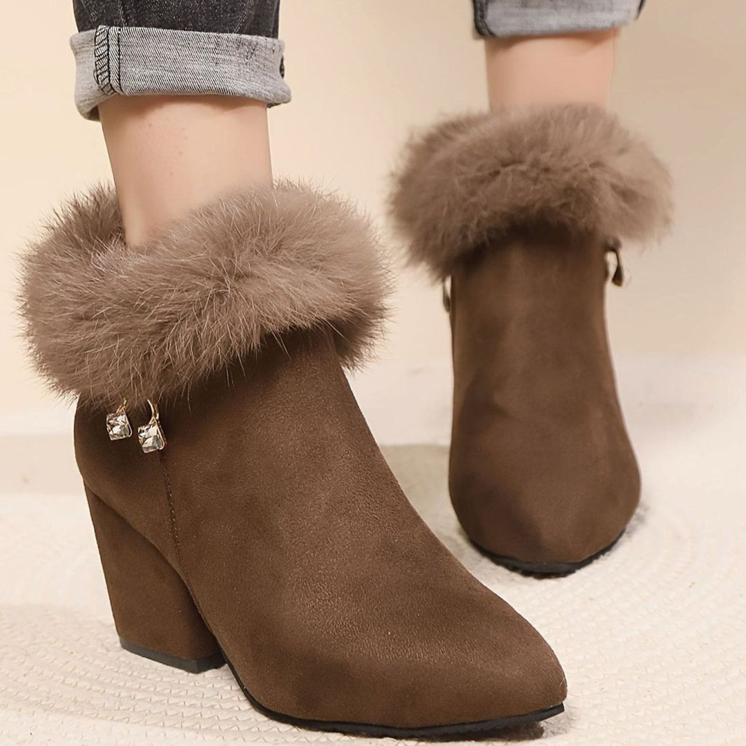 Women's Black Ankle Booties Block-Heel Faux-Fur Trim Side-Zip - Dark Brown