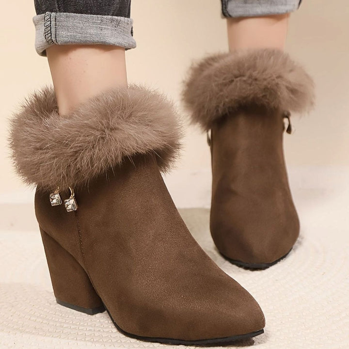 Women's Black Ankle Booties Block-Heel Faux-Fur Trim Side-Zip - Dark Brown