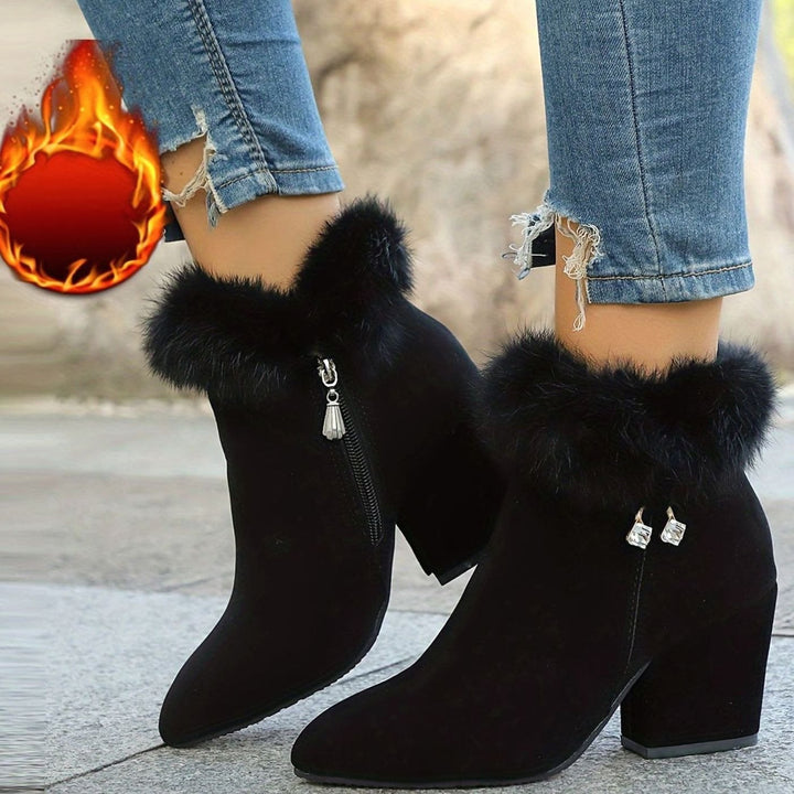 Women's Black Ankle Booties Block-Heel Faux-Fur Trim Side-Zip
