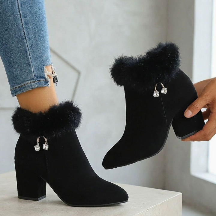 Women's Black Ankle Booties Block-Heel Faux-Fur Trim Side-Zip