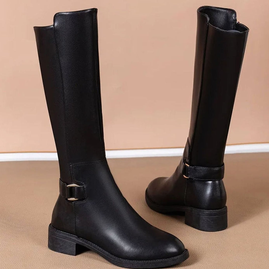 Women's Black Knee-High Leather Boots Buckle Detail