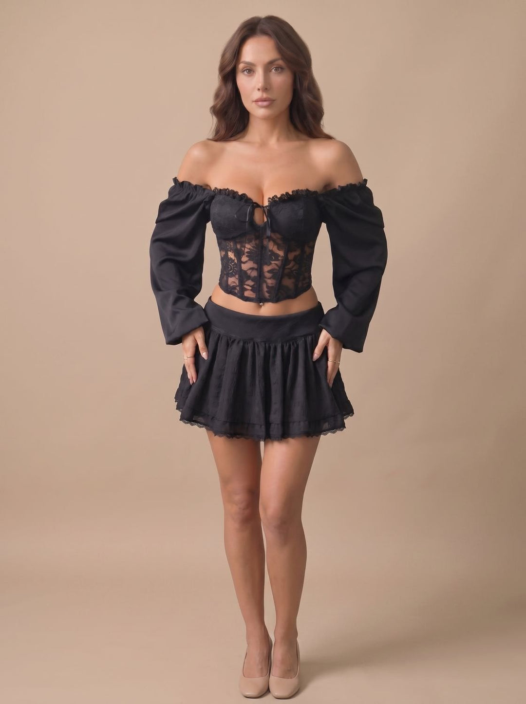 Women's Black Lace Off-Shoulder Long-Sleeve Corset Top - Black
