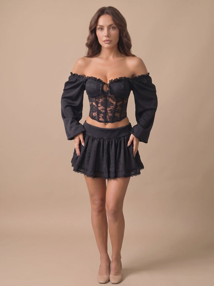 Women's Black Lace Off-Shoulder Long-Sleeve Corset Top - Black