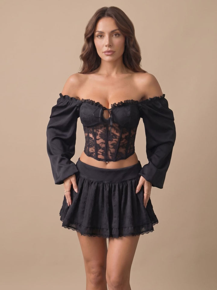 Women's Black Lace Off-Shoulder Long-Sleeve Corset Top