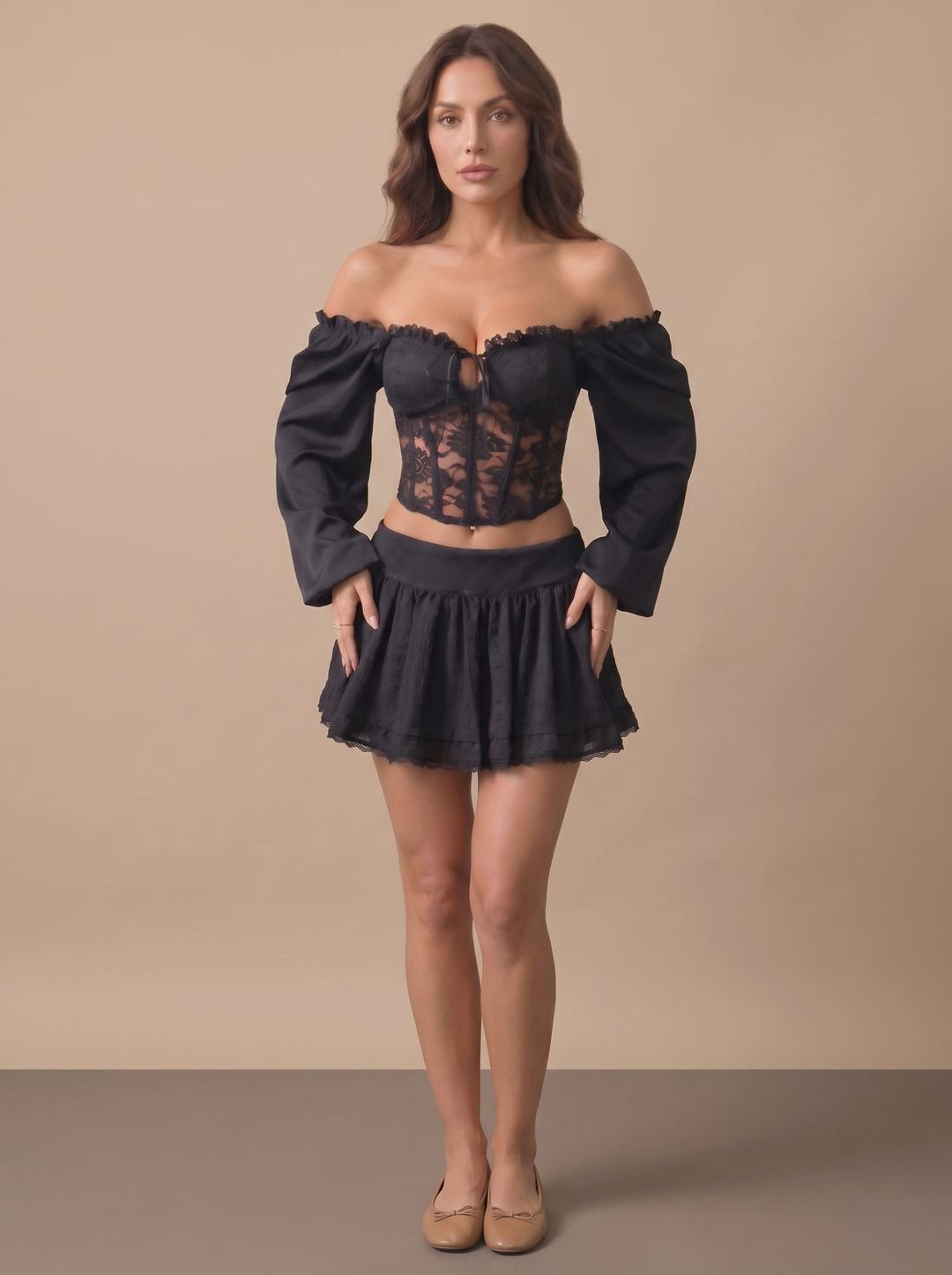 Women's Black Lace Off-Shoulder Long-Sleeve Corset Top