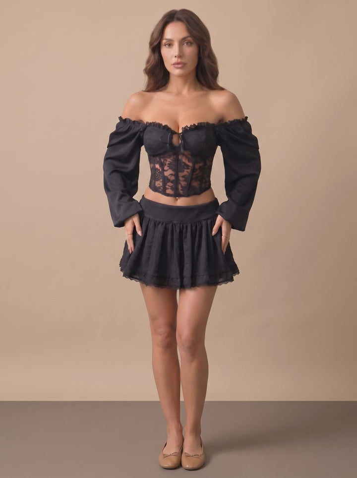 Women's Black Lace Off-Shoulder Long-Sleeve Corset Top