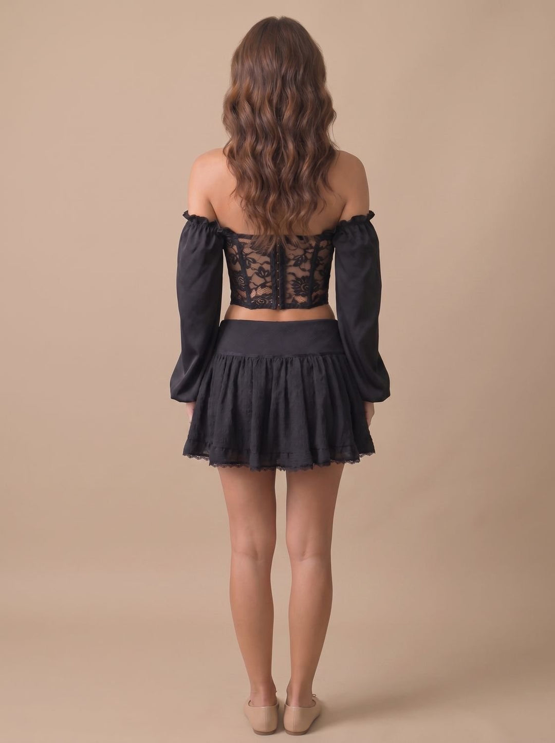 Women's Black Lace Off-Shoulder Long-Sleeve Corset Top