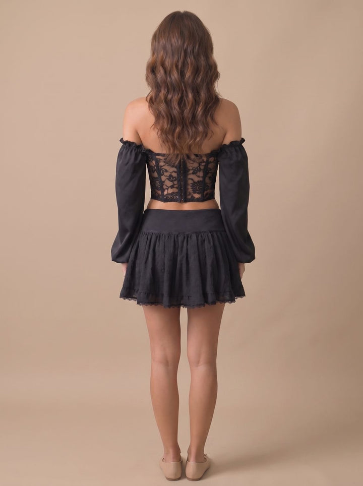 Women's Black Lace Off-Shoulder Long-Sleeve Corset Top