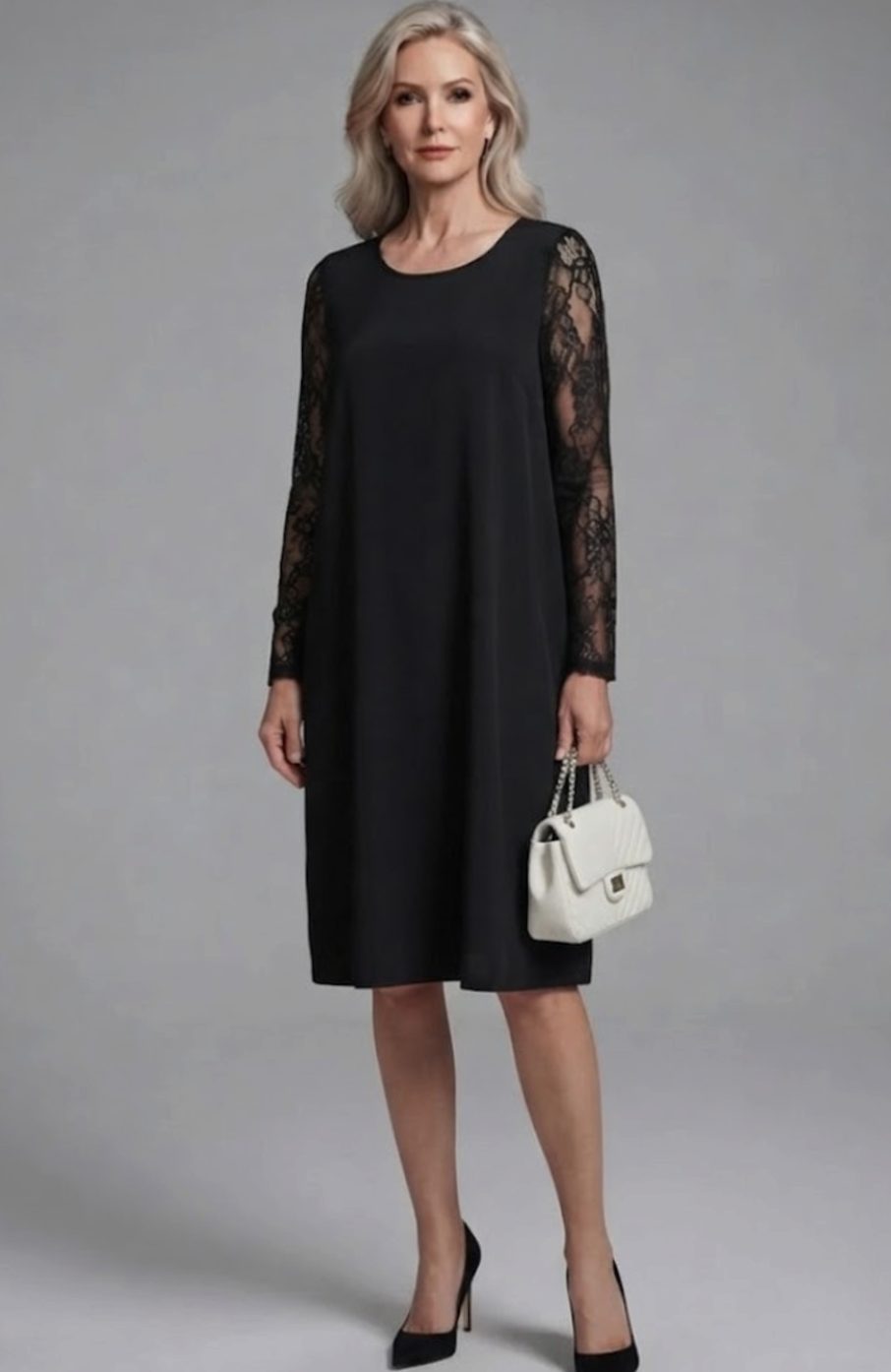 Women's Black Lace-Sleeve Peplum Fitted Midi Cocktail Dress