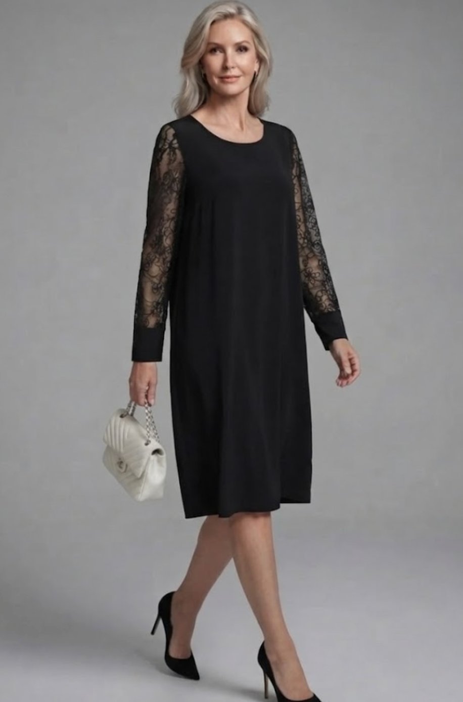 Women's Black Lace-Sleeve Peplum Fitted Midi Cocktail Dress