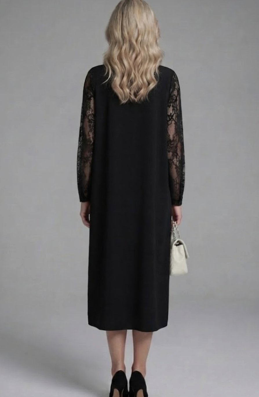 Women's Black Lace-Sleeve Peplum Fitted Midi Cocktail Dress