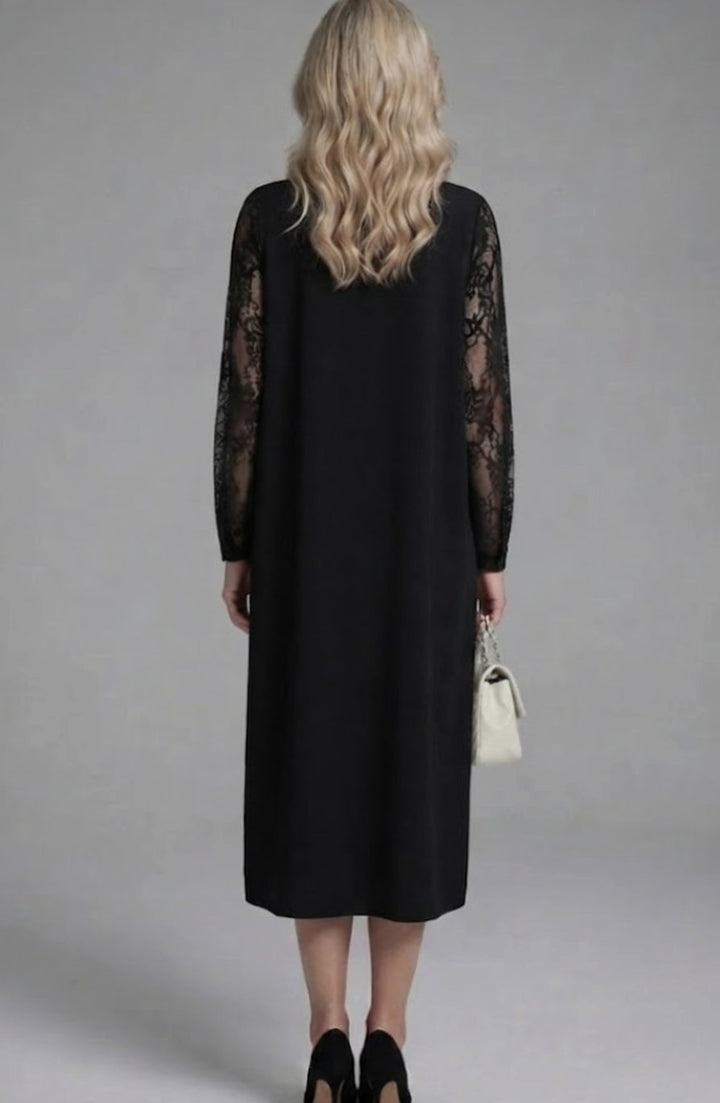 Women's Black Lace-Sleeve Peplum Fitted Midi Cocktail Dress